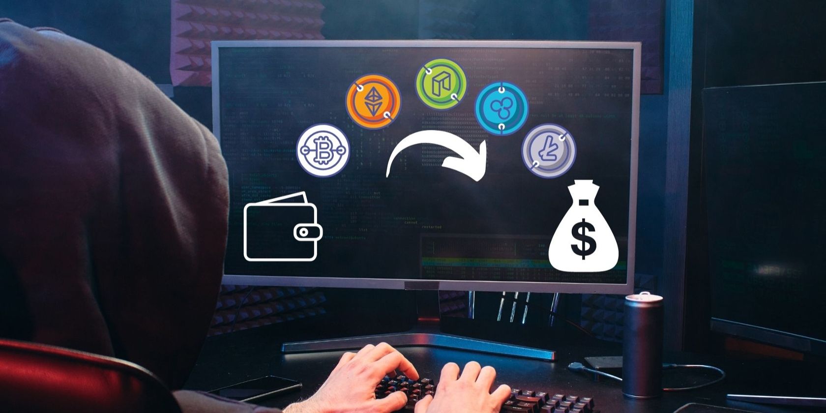 man on computer with cryptocurrency graphics
