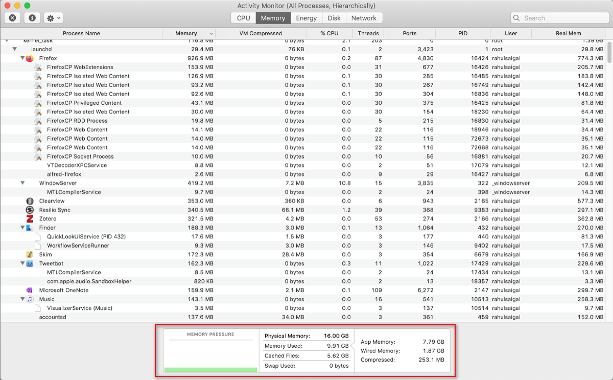 memory pane of activity monitor