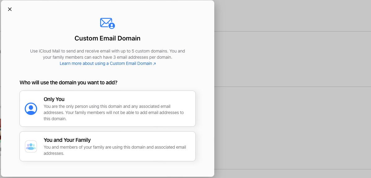 A screenshot shows the iCloud settings for choosing to set up a personal domain only for you or also for your family.