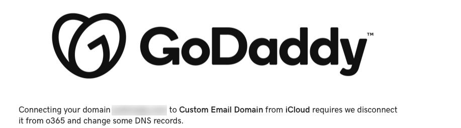 A screenshot shows a message from GoDaddy about connecting a domain to Custom Email Domain from iCloud and changing DNS settings.