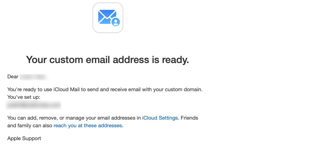 A screenshot shows a message from Apple about the set up a personal domain. 
