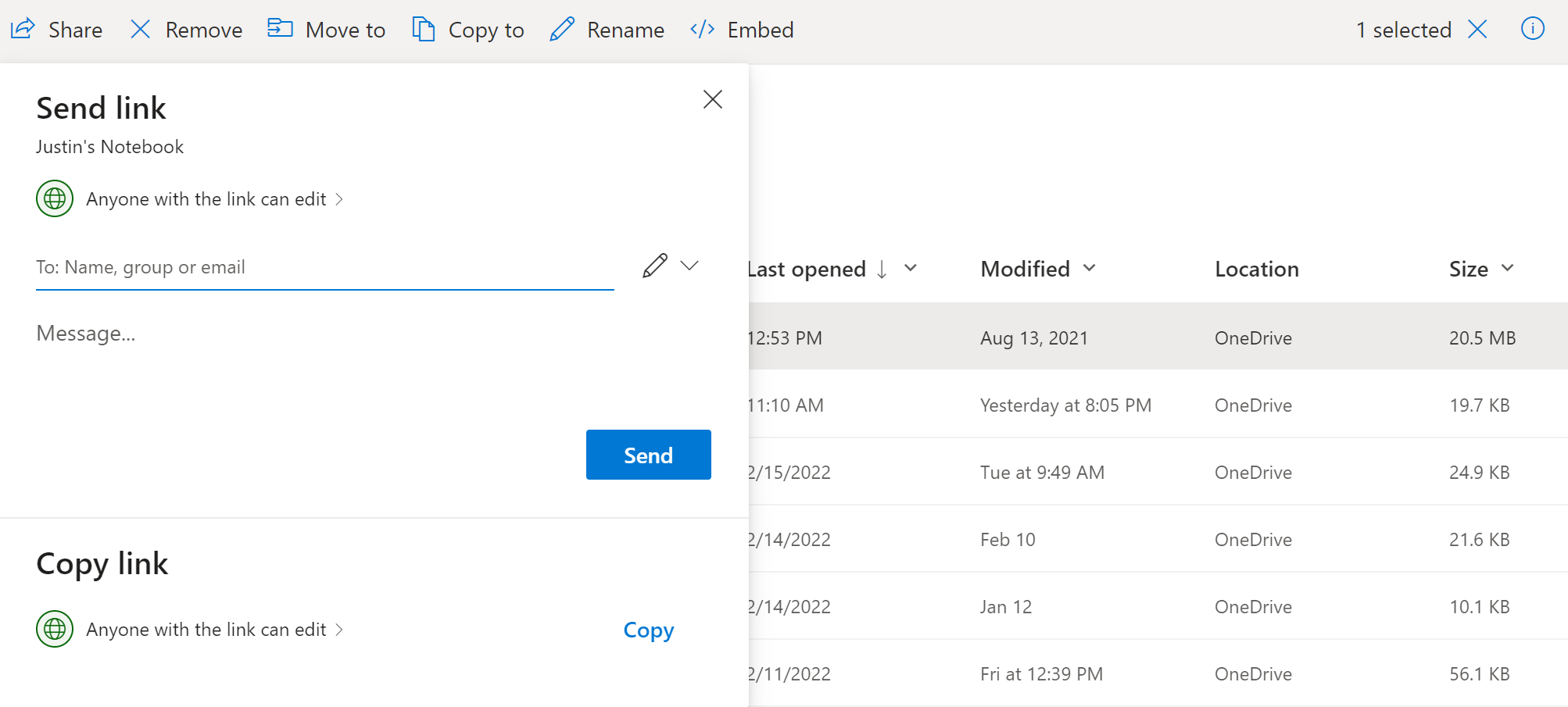A screenshot of the Send Link box in Microsoft 365 OneDrive. 