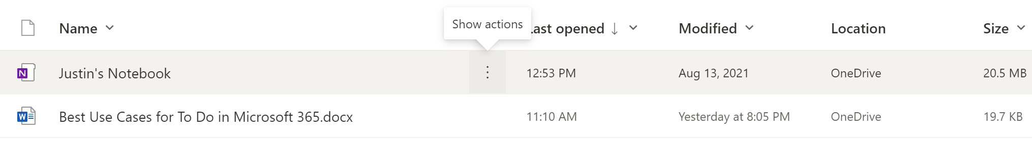 A screenshot shows the Show actions notification in Microsoft 365 OneDrive.