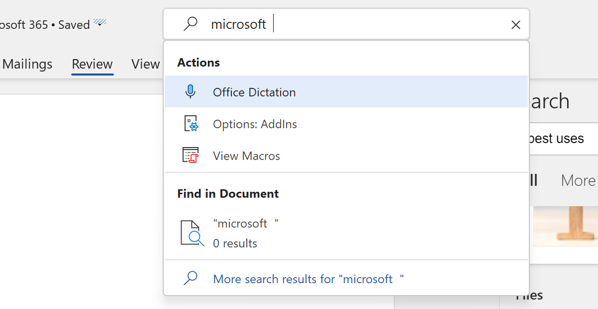 A screenshot showing the Search Box in Microsoft Word. 