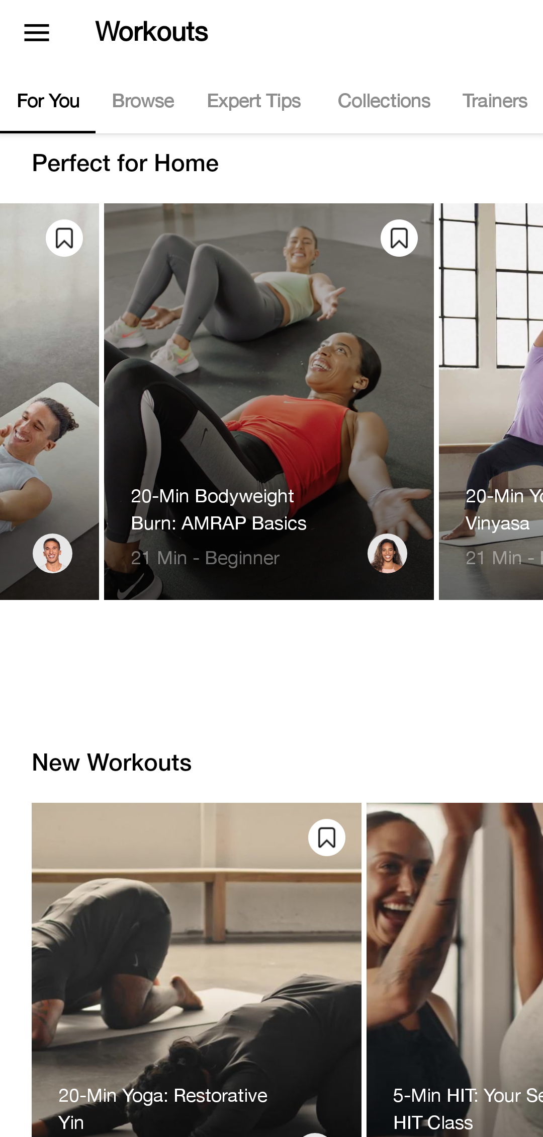 Nike Training Club App Workout Options
