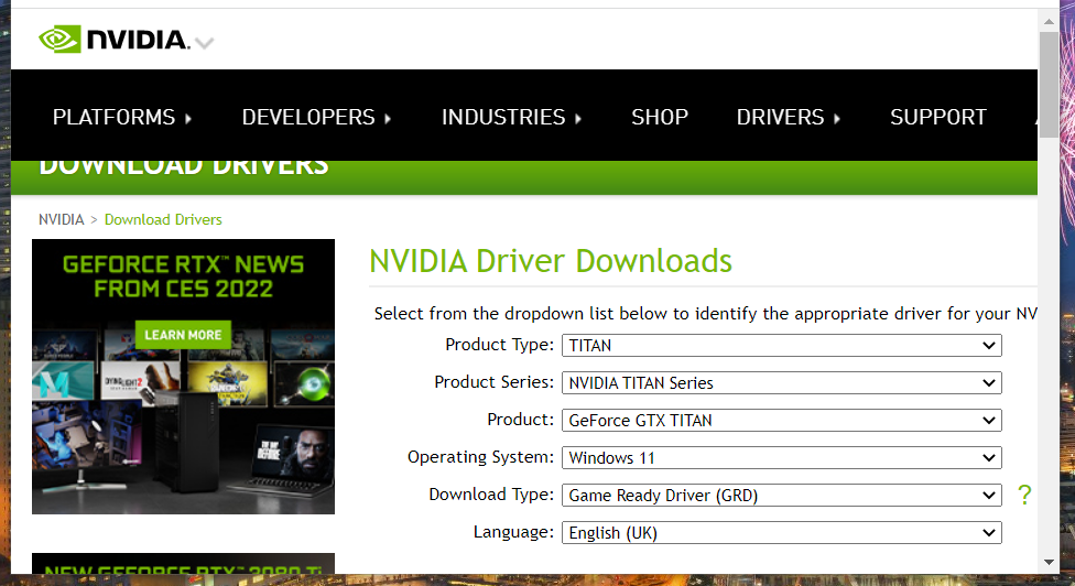 صفحه دانلود درایور NVIDIA