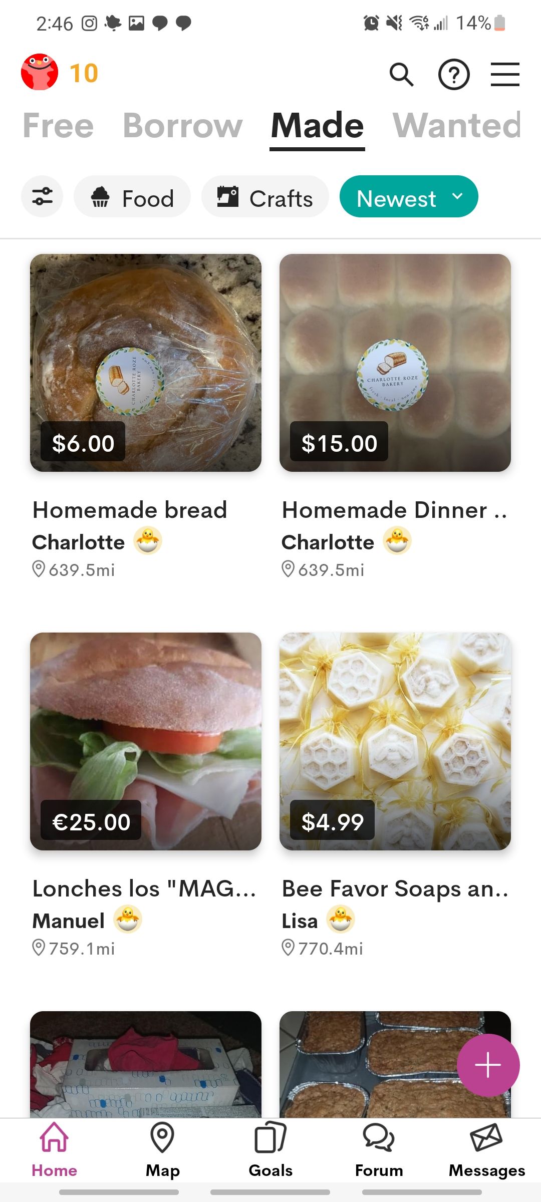 olio app showing homemade items that can be shipped to you
