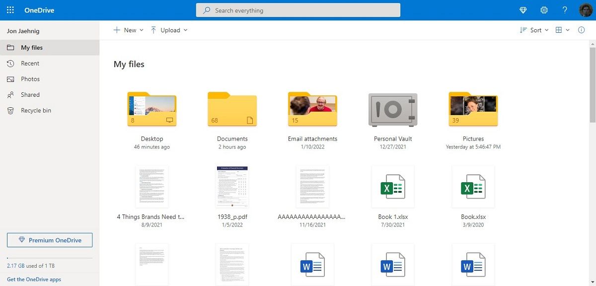 Microsoft One Drive Files, Menu, and Storage Meter.