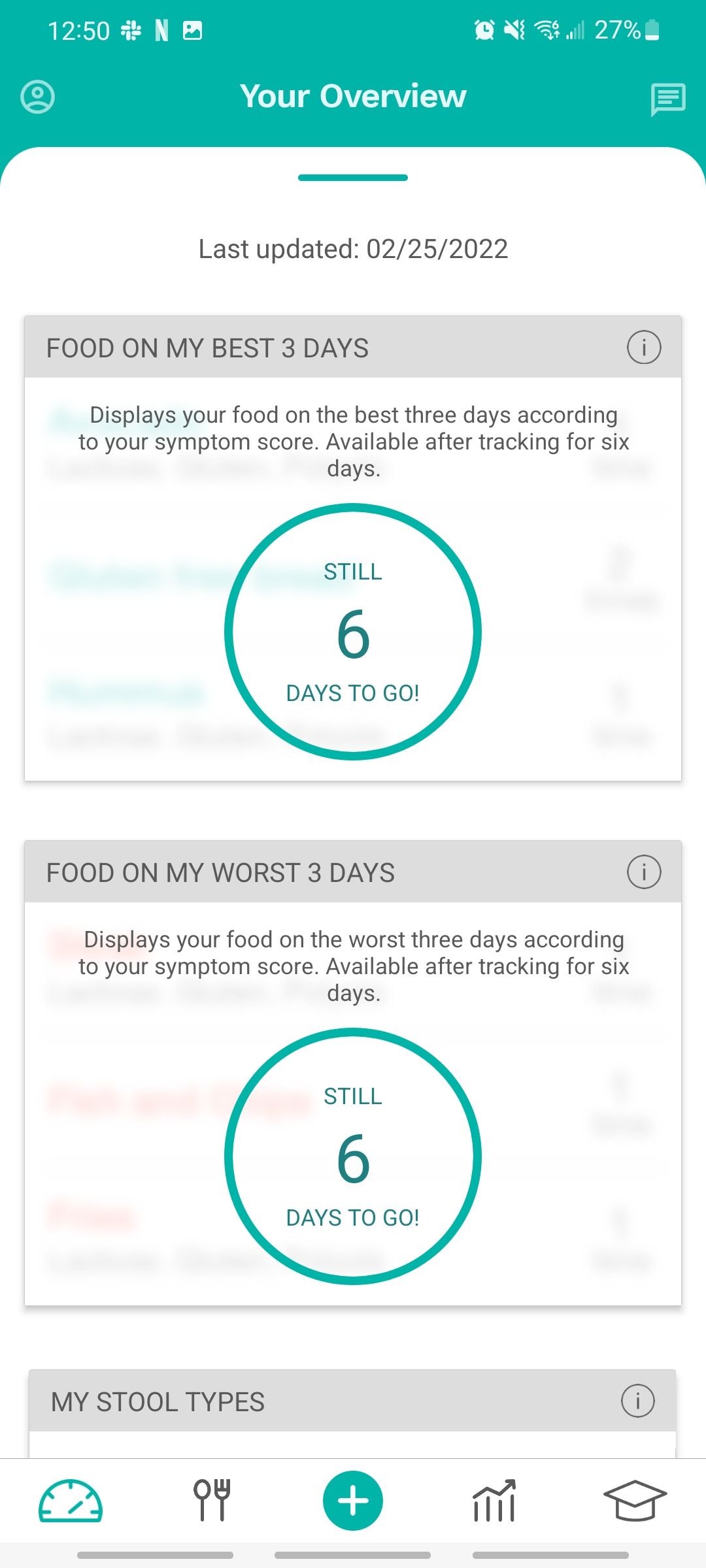 overview of cara care app displaying food on your best and worst days of symptoms