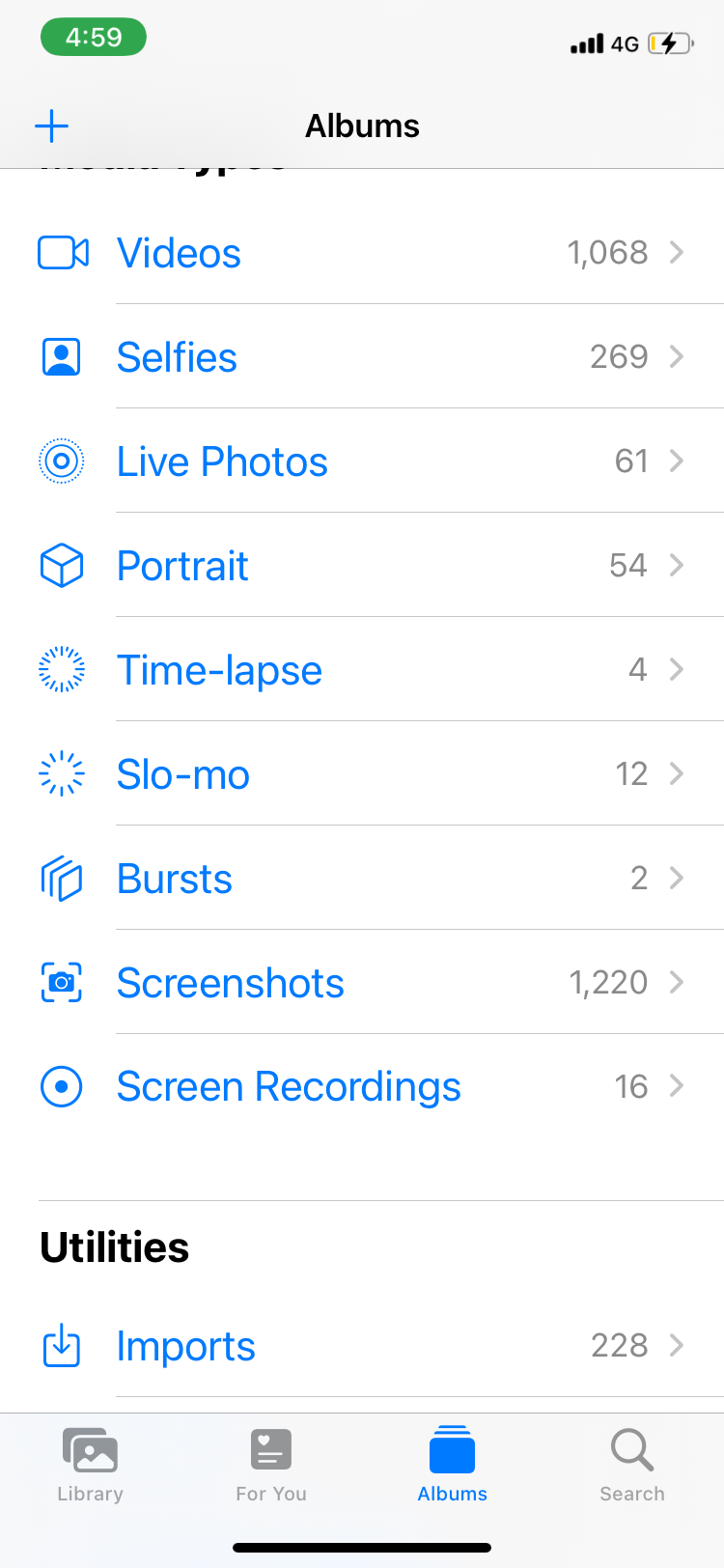 Photos app Albums menu