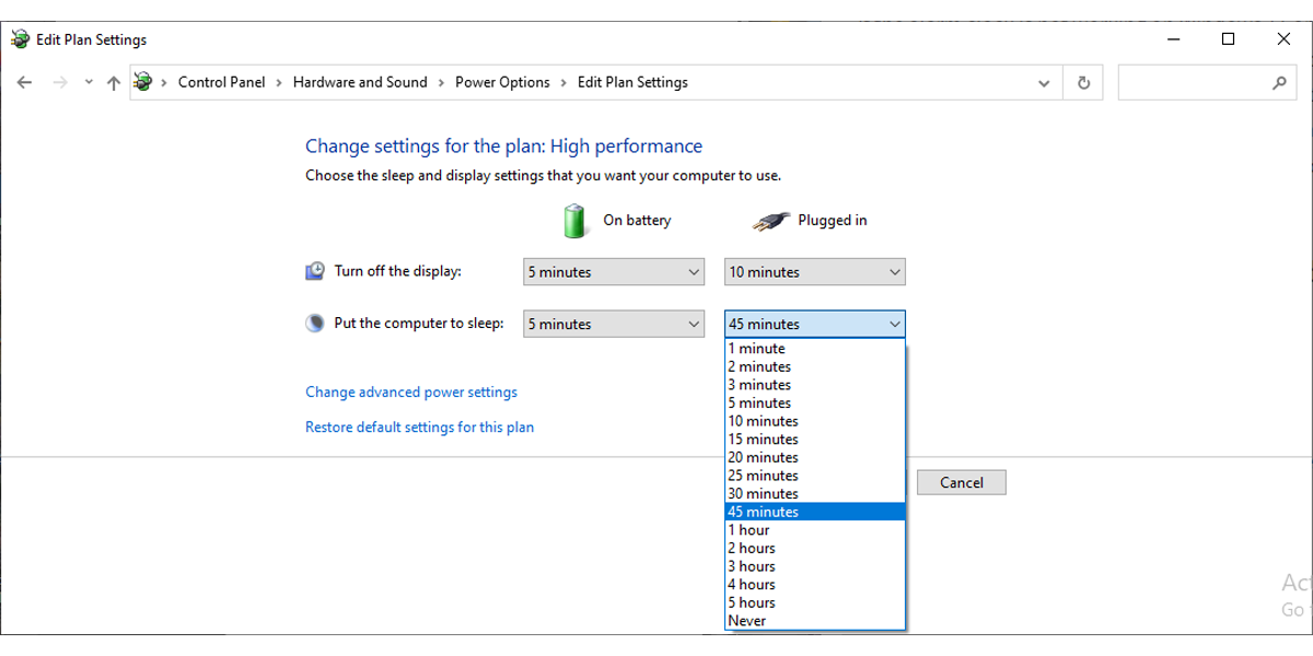Power plans settings in Windows 10.