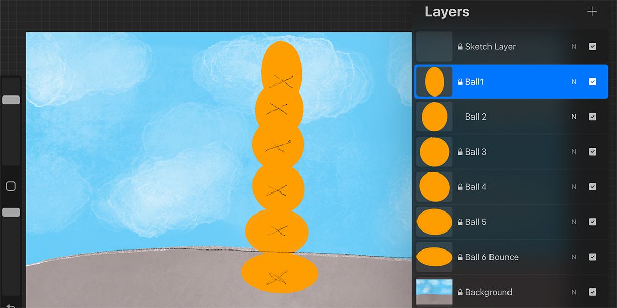 Procreate screen showing landscape with 6 balls one on top of the other