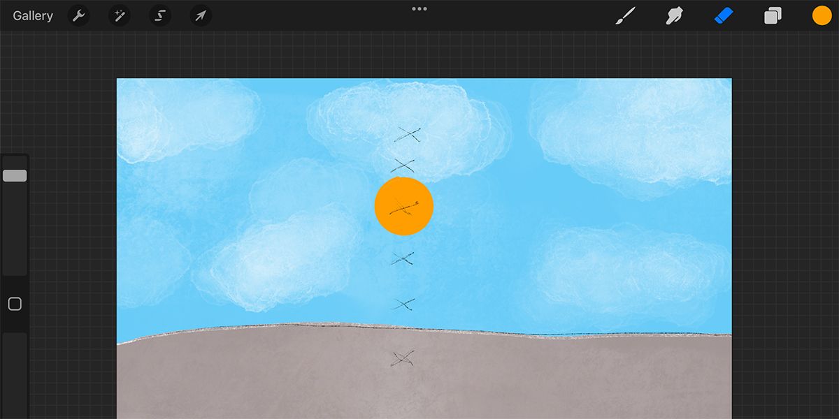 Procreate illustration showing a landscape drawing with an orange ball mid-air