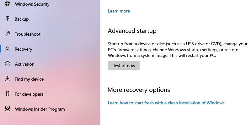 advanced startup in windows 10 recovery options