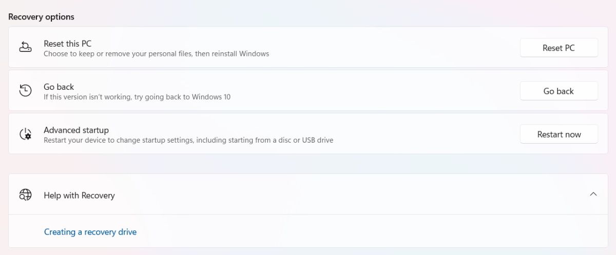 Recovery options in Windows 11