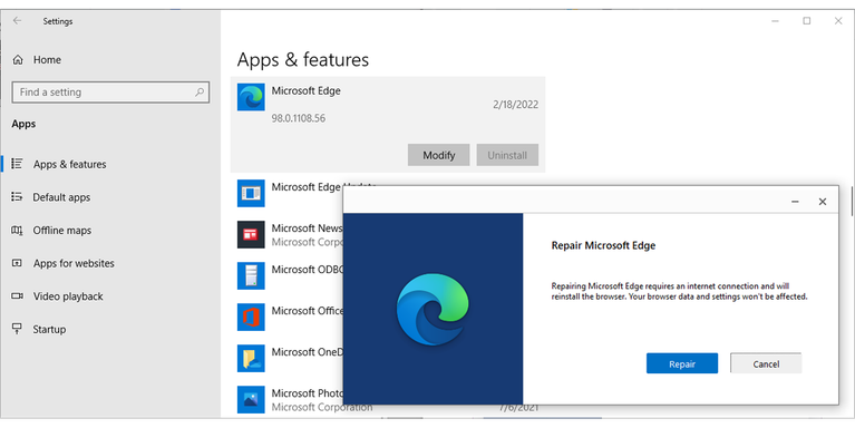 Memperbaiki Microsoft Edge.