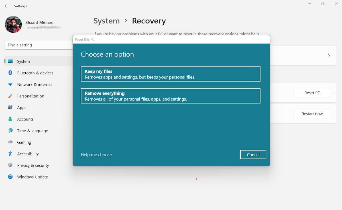два типа параметров сброса в разделе сброс этого компьютера в Windows 11