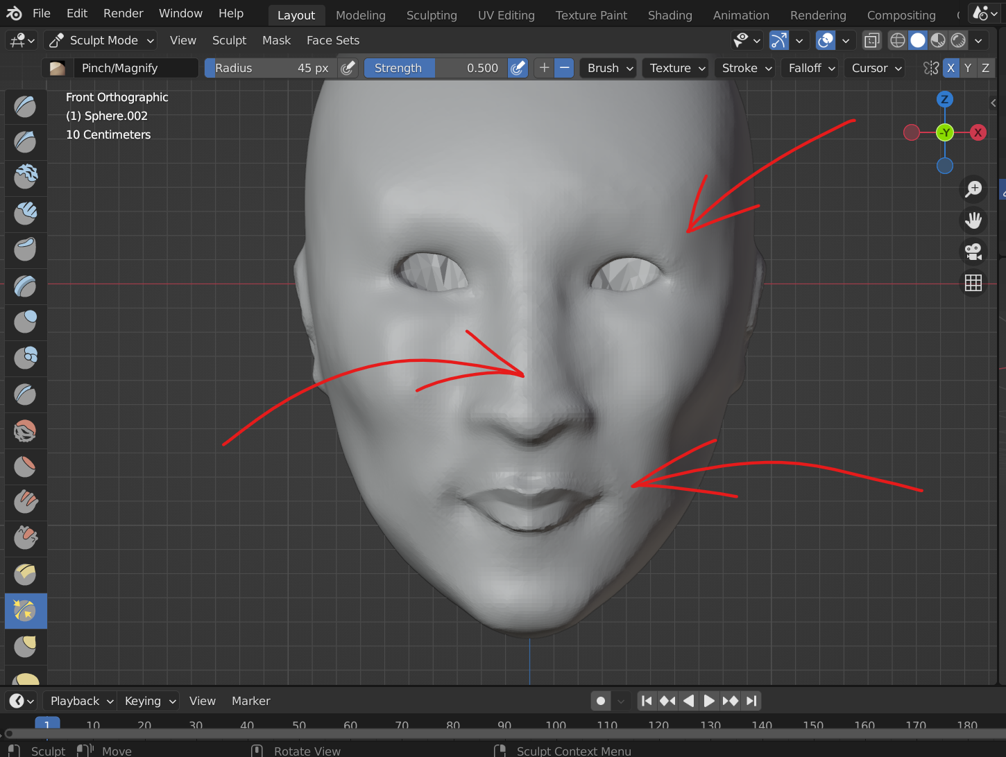 A face sculpted in Blender.