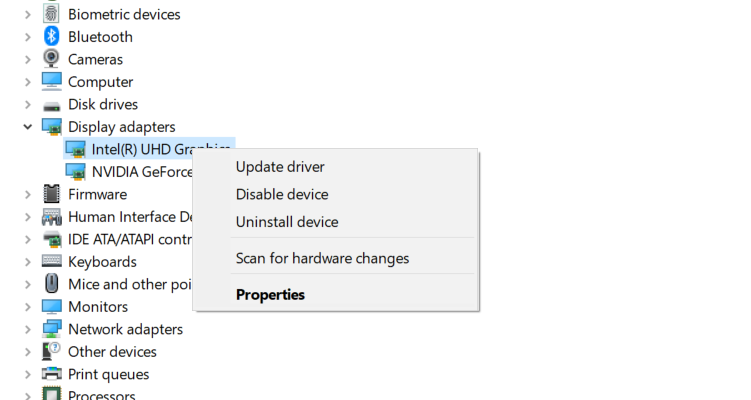 right clicking display adapter in device manager