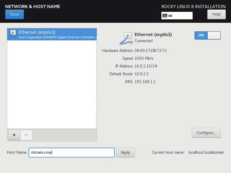 Rocky Linux - Select installation source. Choose your network and host name.