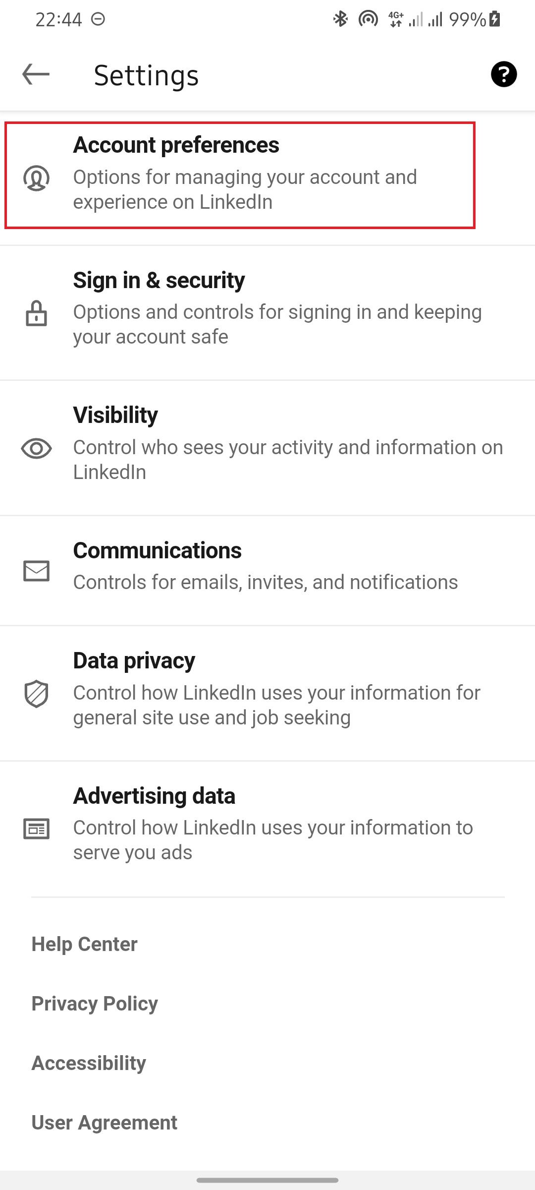 screenshot of LinkedIn's settings page