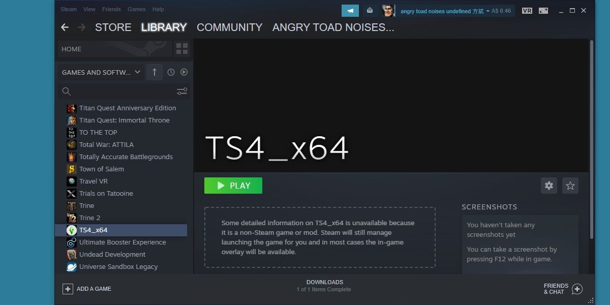 screenshot of the sims 4 added to steam .exe only