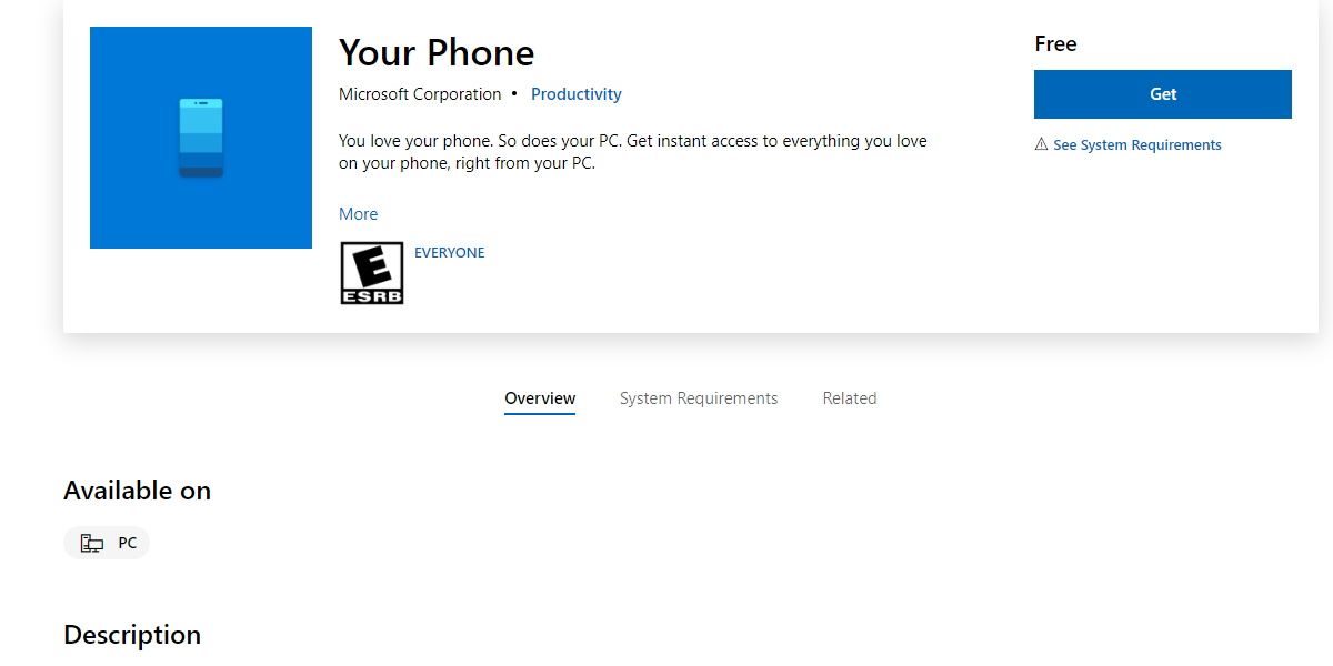 Screenshot of the Microsoft Your Phone store page