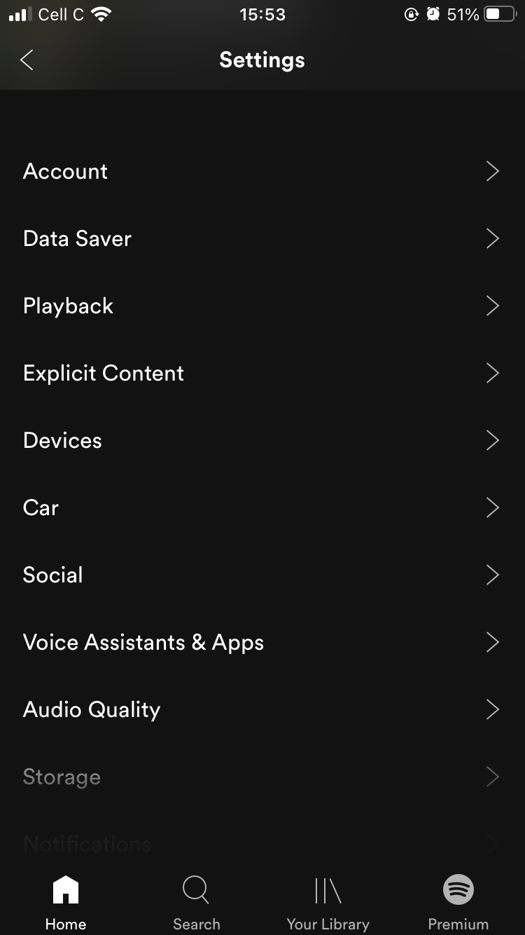 screenshot of spotify settings menu on mobile