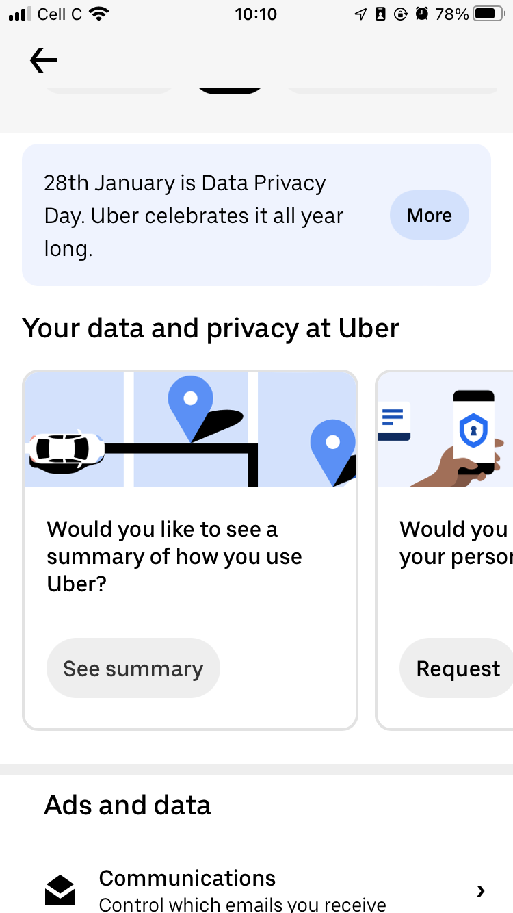 screenshot of uber's data and privacy center