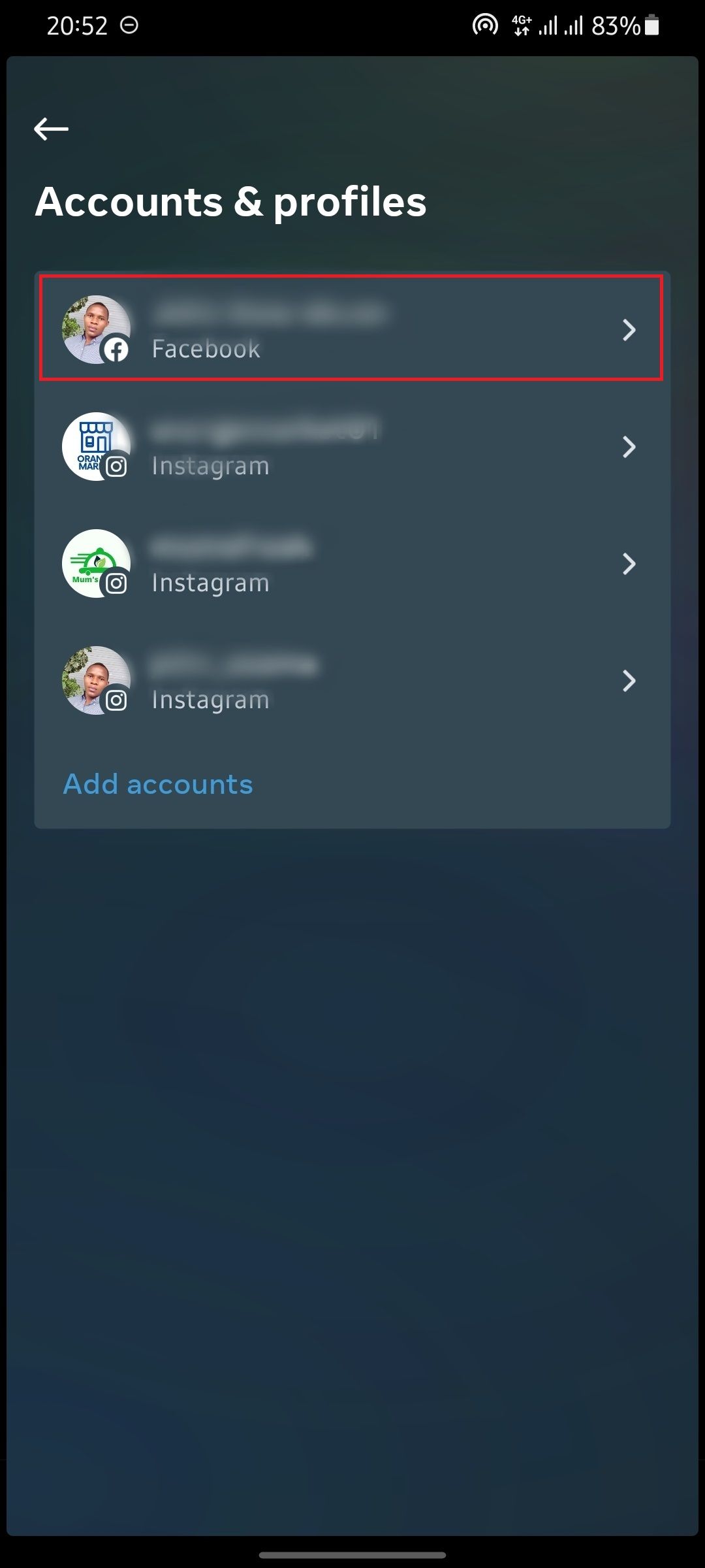 снимок экрана с профилями аккаунтов в Instagram