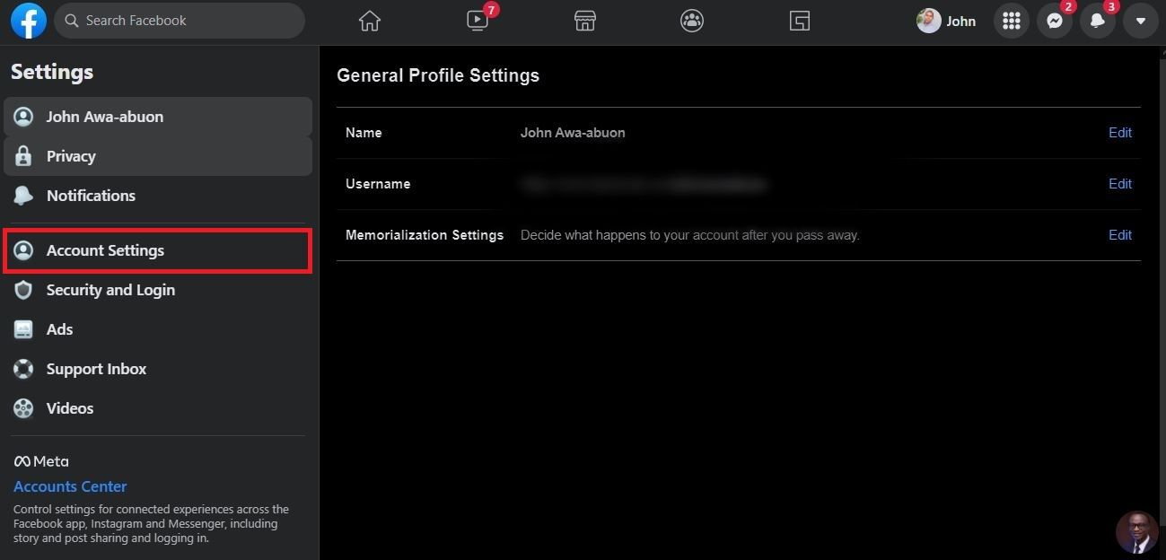 screenshot showing account settings page on Facebook