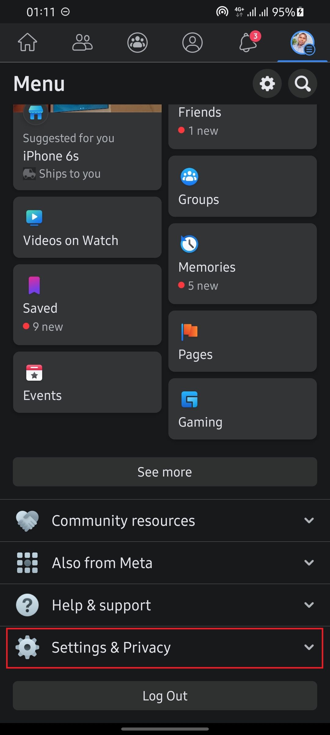 screenshot showing facebook main menu