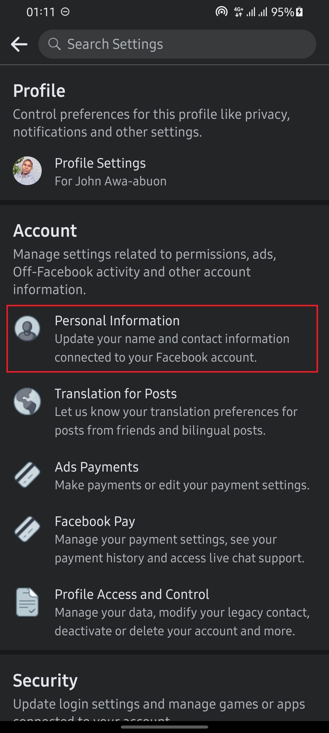screenshot showing facebook menu