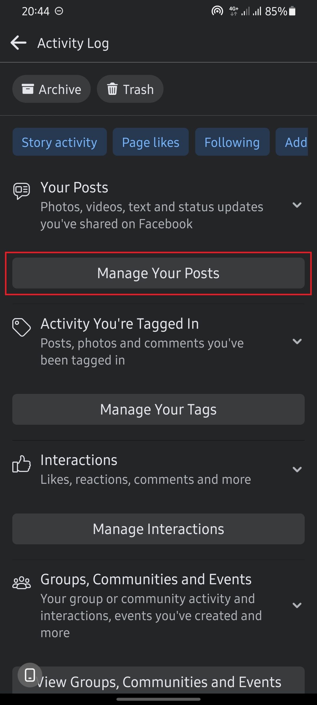Screenshot, der zeigt, wie man einen Instagram-Beitrag von Facebook löscht