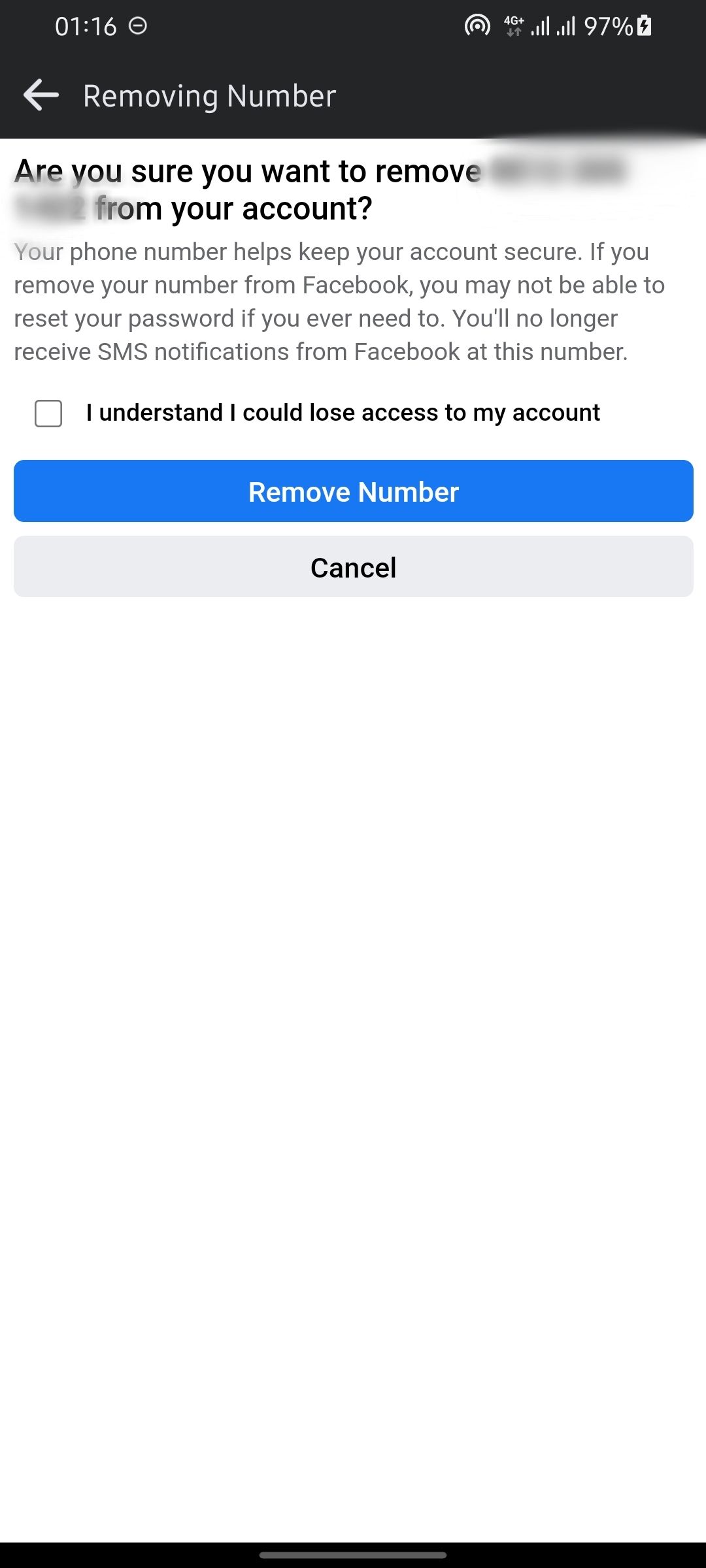 screenshot showing how to remove phone number from facebook