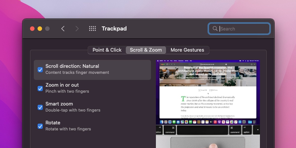 Scroll and Zoom tab on Mac trackpad settings