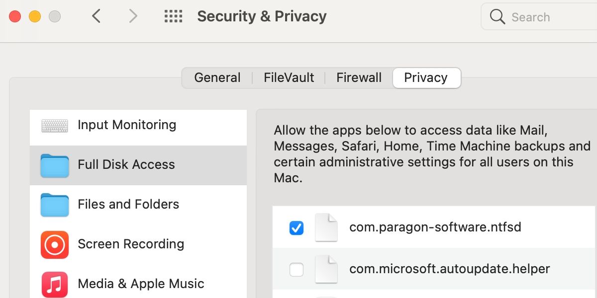 macOS security and privacy preferences full disk access pane