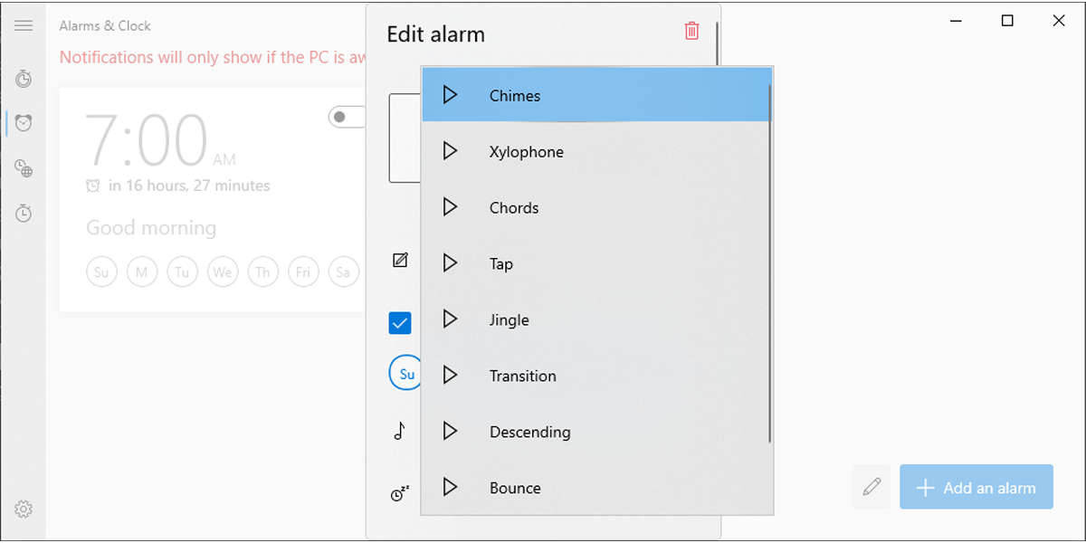 Setting the alarm in Windows 10.