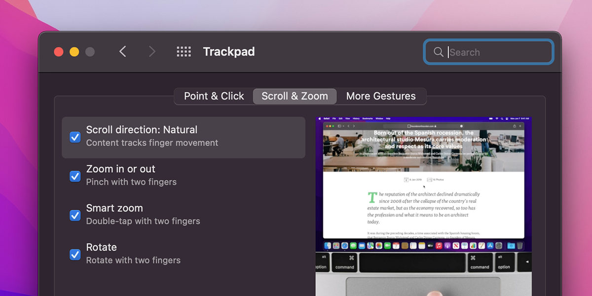 Setting scroll direction for trackpad
