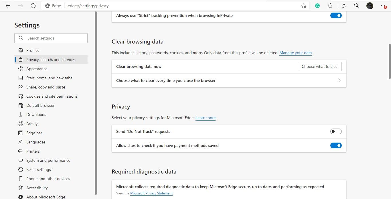 Browser data settings in Microsoft Edge