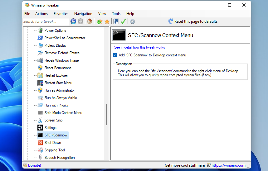 The Add SFC Scannow option 