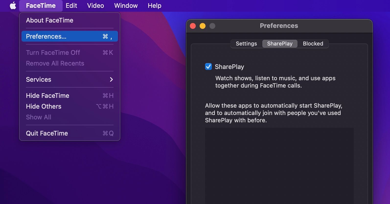 Preferencias de FaceTime para SharePlay