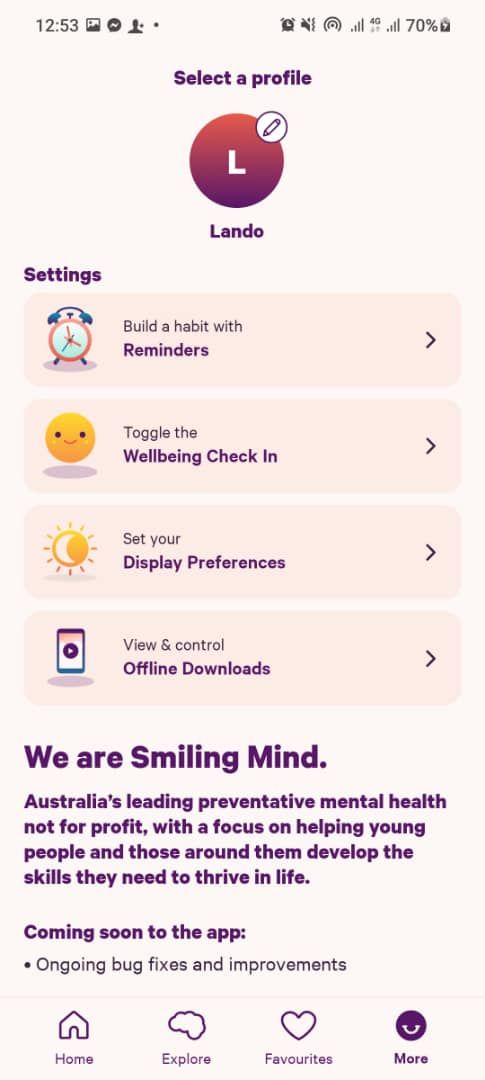 Screenshot showing features of Smiling Mind
