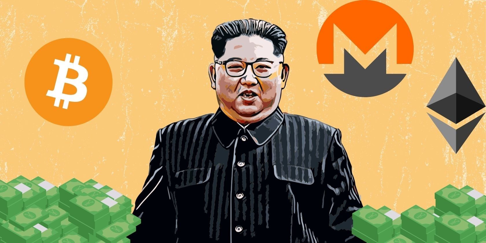 North Korean dictator Kim Jong Un graphic with crypto logos in background