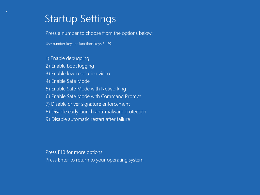 Startup settings in the Windows recovery environment