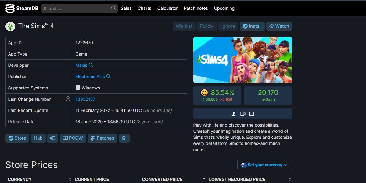 steam database information on The Sims 4