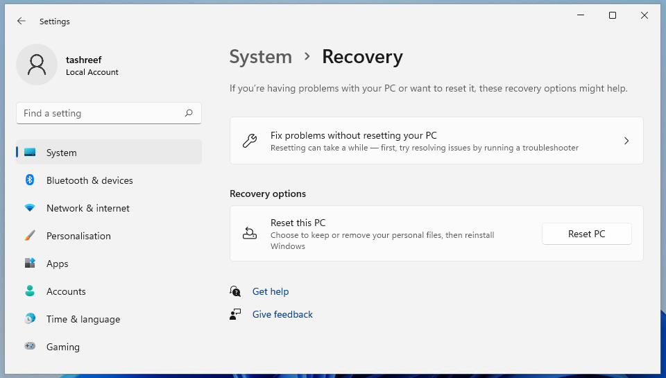 system recovery reset this pc