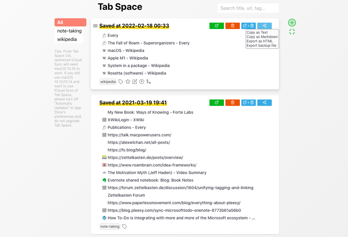 tab space extension to save and export safari sessions