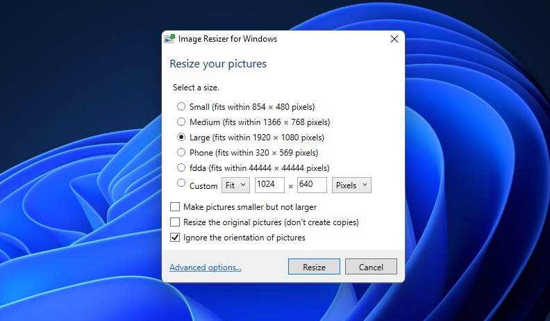 The Image Resizer window 