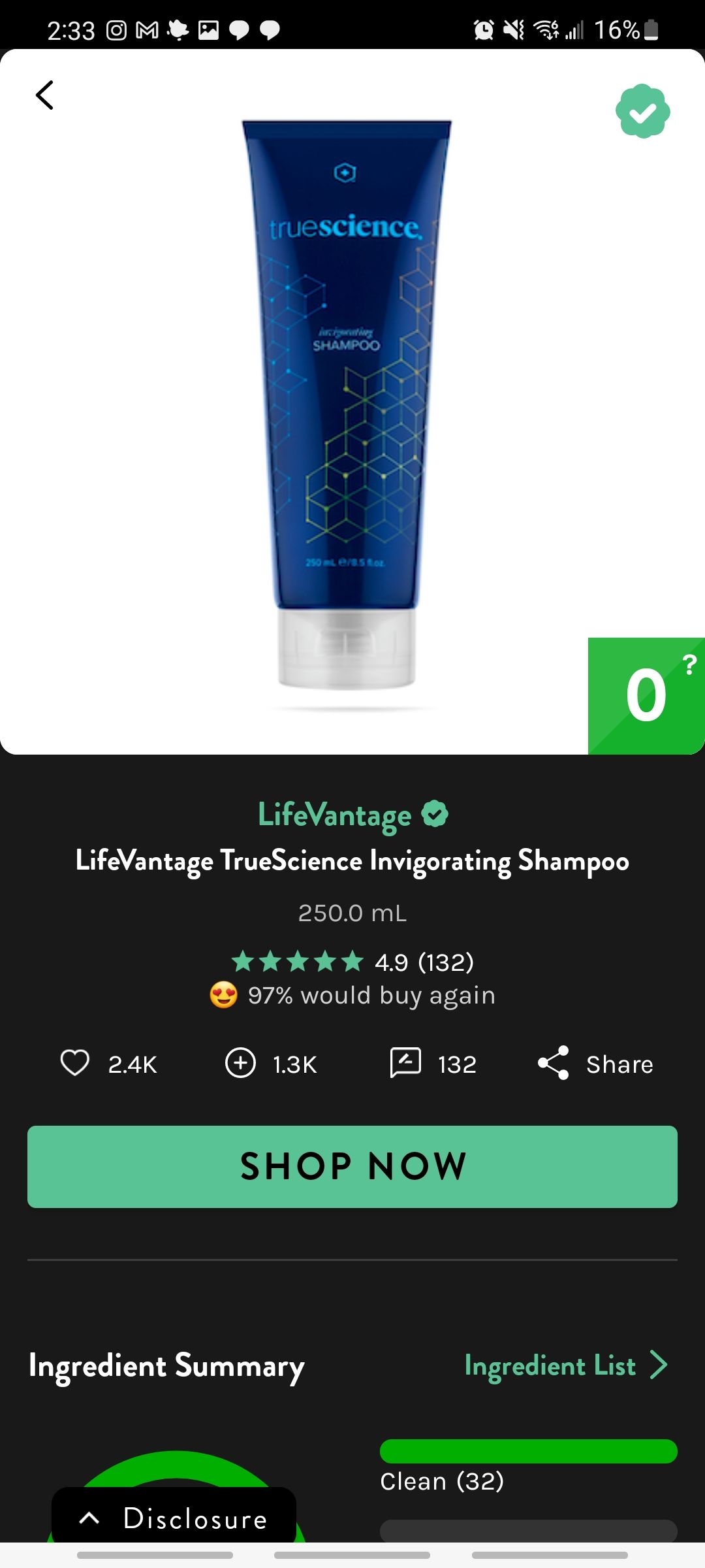 think dirty app showing a sustainable  shampoo with reviews and facts